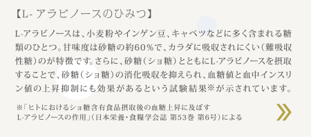 【L-アラビノースのひみつ】L-アラビノースは、小麦粉やインゲン豆、キャベツなどに多く含まれる希少糖（レアシュガー）のひとつ。甘味度は砂糖の約60％で、カラダに吸収されにくい（難吸収性糖）のが特徴です。さらに、砂糖（ショ糖）とともにL-アラビノースを摂取することで、砂糖（ショ糖）の消化吸収を抑えられ、血糖値と血中インスリン値の上昇抑制にも効果があるという試験結果※が示されています。※「ヒトにおけるショ糖含有食品摂取後の血糖上昇に及ぼす<br />
L-アラビノースの作用」（日本栄養・食糧学会誌 第53巻 第6号）による